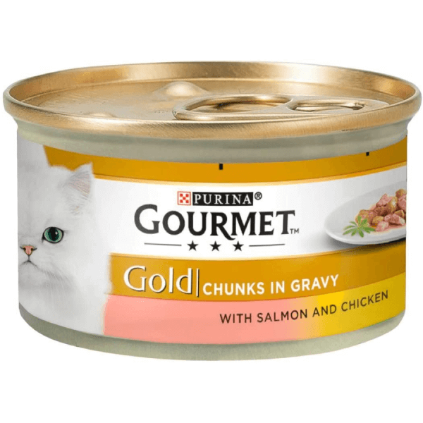 Gourmet gold bucatele in sos, somon si pui 85 gr