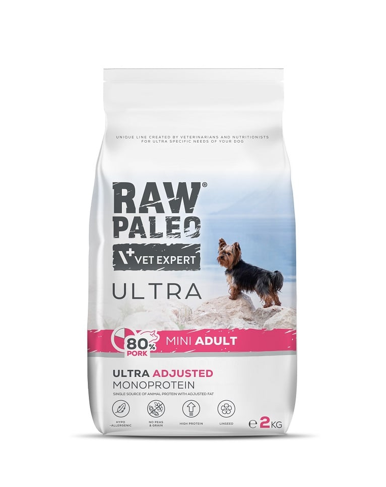 RAW PALEO Ultra Pork Mini Adult 2kg hrana caini rasa mica, cu porc