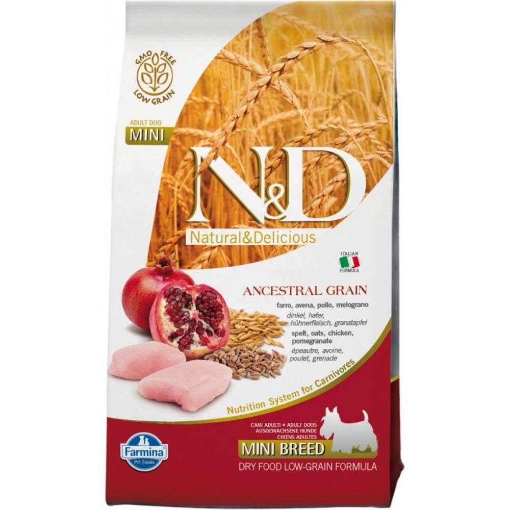 N&D Ancestral Grain 7kg Adult Mini Pui si Rodie hrana uscata