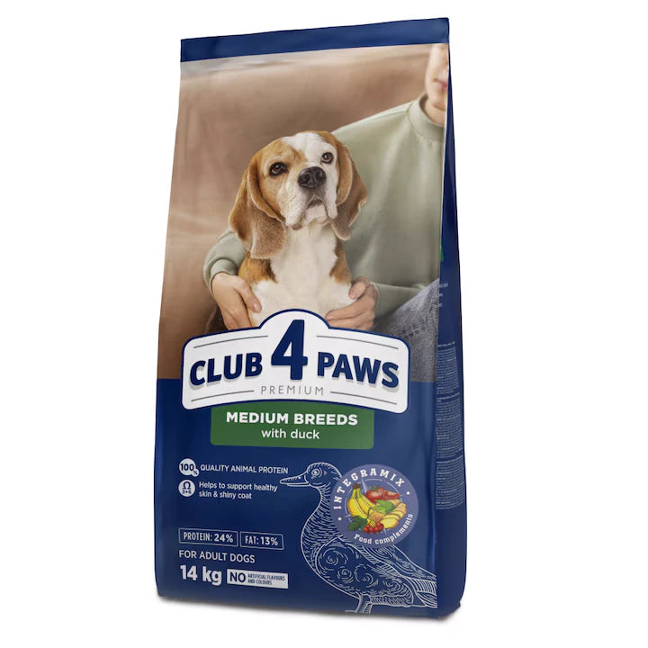 Hrana uscata caini adulti, CLUB 4 PAWS, Talie medie, Rata, 14kg
