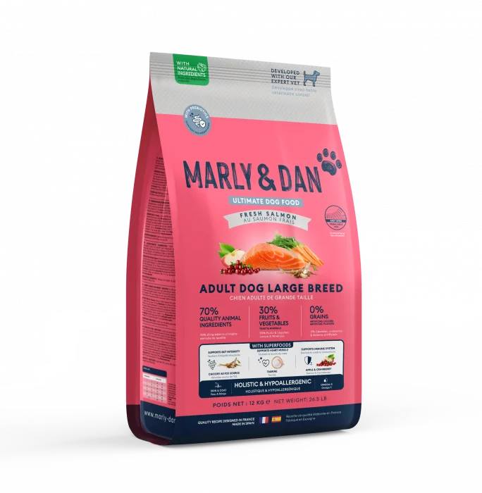 Hrană uscată pentru câini adulți de talie mare Marly & Dan 12 kg – Somon proaspăt și ton, formulă holistică fără cereale