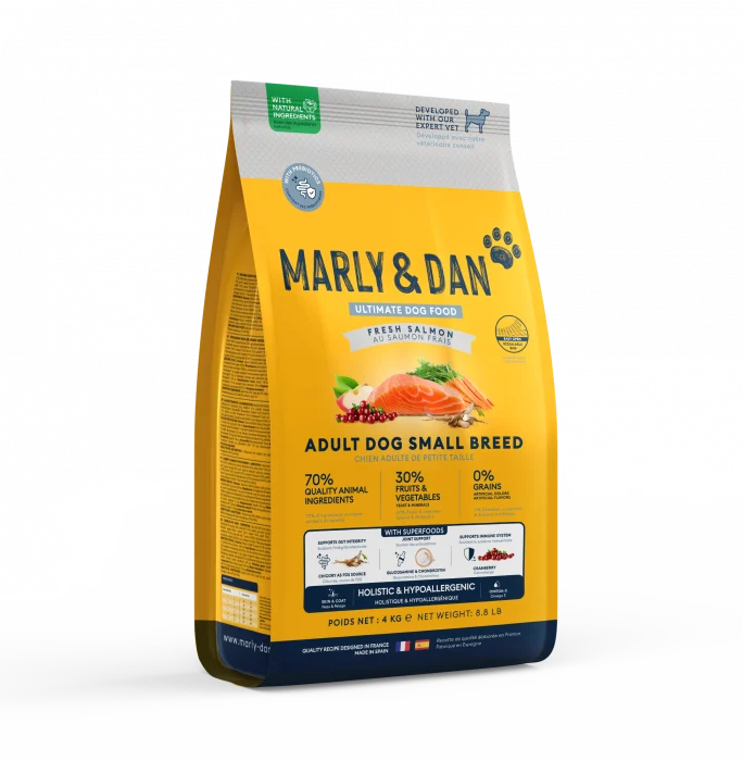 Hrană uscată pentru câini adulți de talie mică Marly & Dan 4 kg – Somon proaspăt, Omega-3 și formulă fără cereale