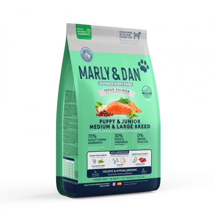 Hrană uscată pentru câini juniori de talie medie și mare Marly & Dan 12 kg – Somon proaspăt, Omega-3 și formulă fără cereale