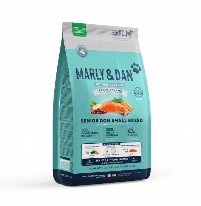 Hrană uscată pentru câini seniori de talie mică Marly & Dan 1,5 kg – Somon, formulă holistică fără cereale, suport pentru articulații