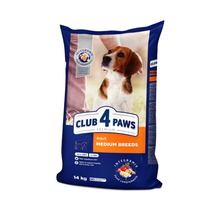 Hrană uscată premium Club 4 Paws Adult Medium Breed cu pui, pentru hôti de talie medie, 14kg