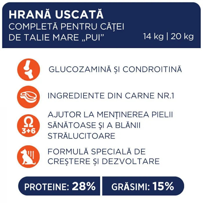 Hrană uscată premium Club 4 Paws Junior Large Breed cu pui, pentru căței de talie mare, 14kg