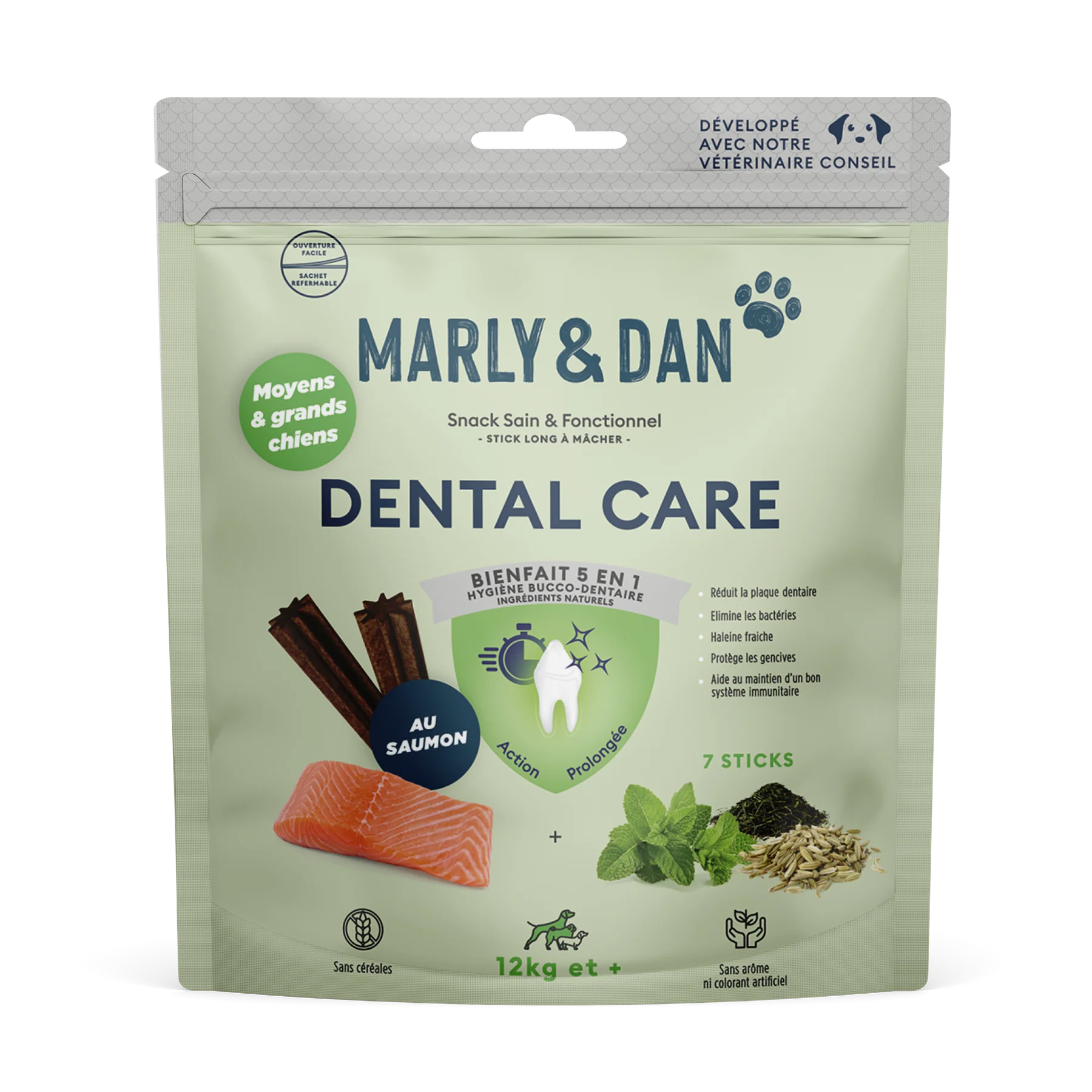Marly & Dan Dental Care Sticks M/L pentru Câini, 140 g – Recompense Dentare cu Somon, Mentă și Ceai Verde pentru Igienă Orală