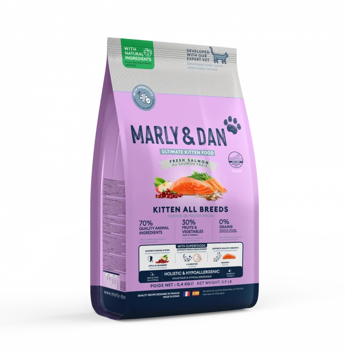 Marly & Dan Hrană Uscată pentru Pisici Kitten cu Somon, Fără Cereale, 400 g – Hrană Holistică Ultrapremium pentru Pisoi în Creștere