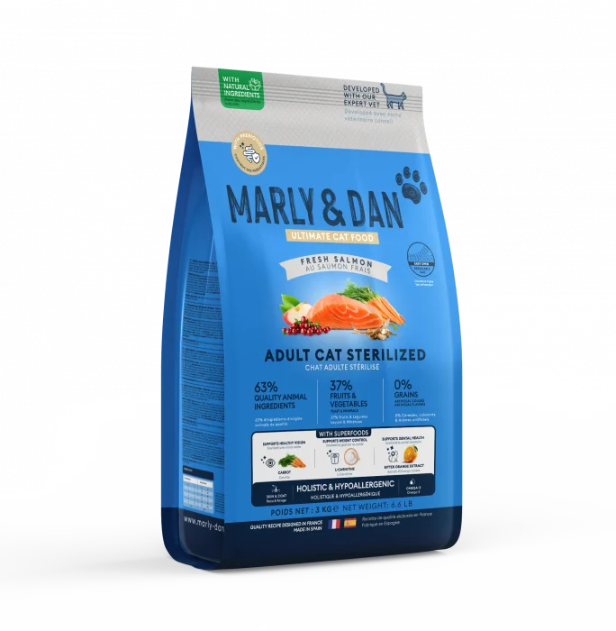 Marly & Dan Hrană Uscată pentru Pisici Sterilizate cu Somon, Fără Cereale, 3 kg – Hrană Holistică Ultrapremium pentru Controlul Greutății