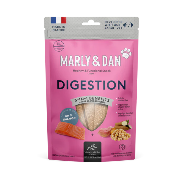 Marly & Dan Jerky Digestion pentru Câini, 80 g – Supliment Natural cu Somon, Fibre, MOS și FOS pentru Susținerea Digestiei