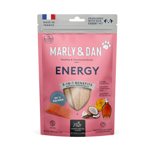 Marly & Dan Jerky Energy pentru Câini, 80 g – Supliment Natural cu Somon pentru Energie, Masă Musculară și Susținerea Imunității