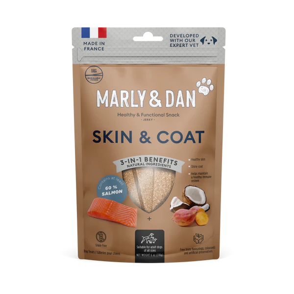 Marly & Dan Jerky Skin & Coat pentru Câini, 80 g – Supliment Natural cu Somon și Omega-3 pentru Piele Sănătoasă și Blană Strălucitoare
