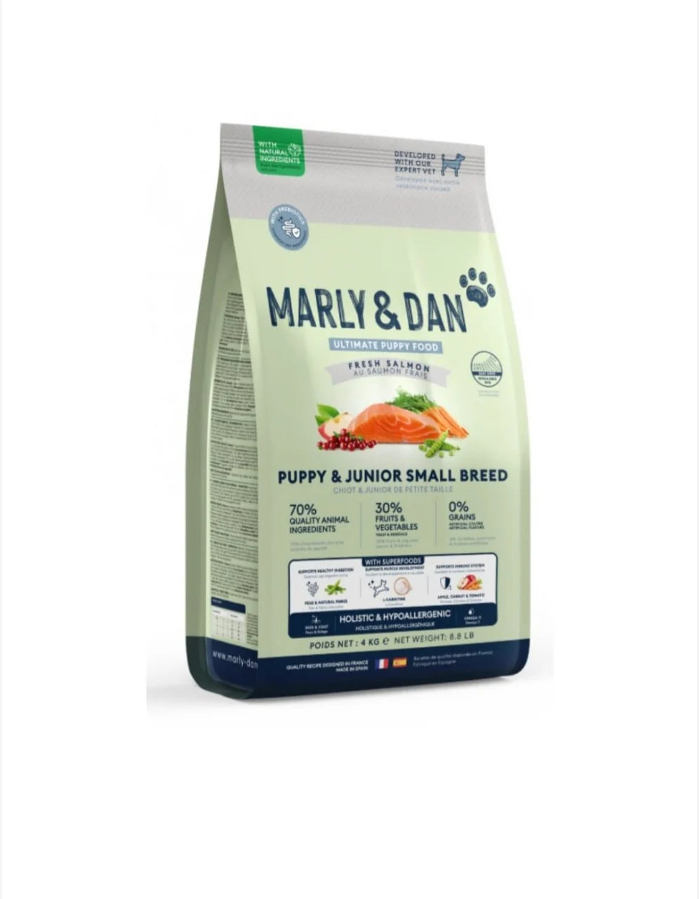 Marly & Dan Junior Small Breed 4 kg – Hrană uscată fără cereale pentru câini juniori de talie mică, cu somon