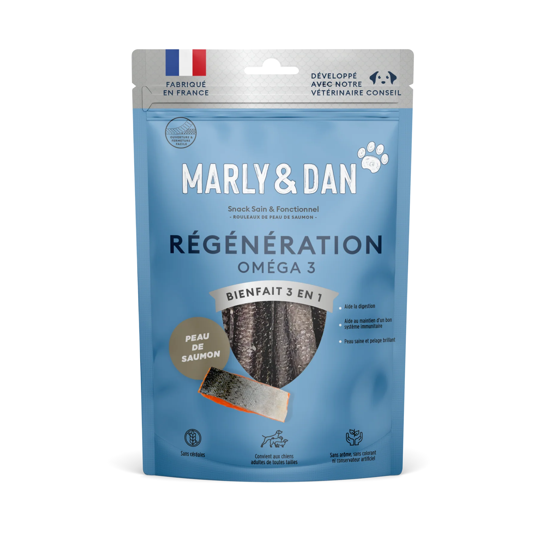 Marly & Dan Salmon Skin Omega-3 pentru Câini, 60 g – Gustare Naturală din 100% Piele de Somon pentru Piele, Blană, Articulații și Igienă Dentară