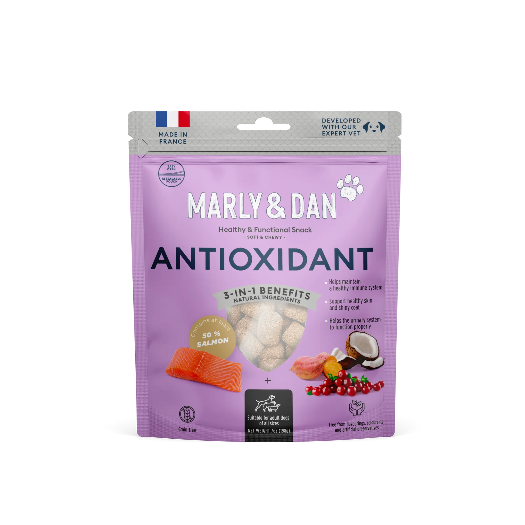 Marly & Dan Soft & Chewy Antioxidant pentru Câini, 100 g – Supliment Masticabil cu Somon și Fructe pentru Susținerea Imunității