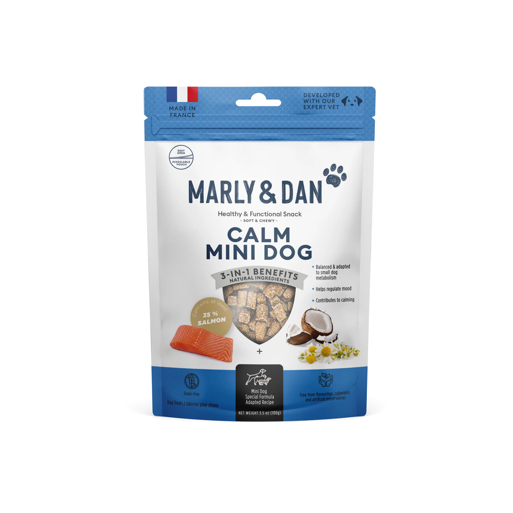 Marly & Dan Soft & Chewy Calmness pentru Câini, 50 g – Suplimente Masticabile cu Somon, Mușețel și L-Triptofan pentru Calm și Relaxare