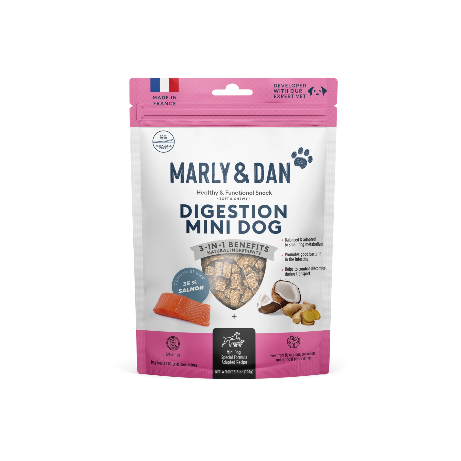 Marly & Dan Soft & Chewy Digestion pentru Câini, 50 g – Suplimente Masticabile cu Somon, Prebiotice și FOS pentru Digestie Sănătoasă
