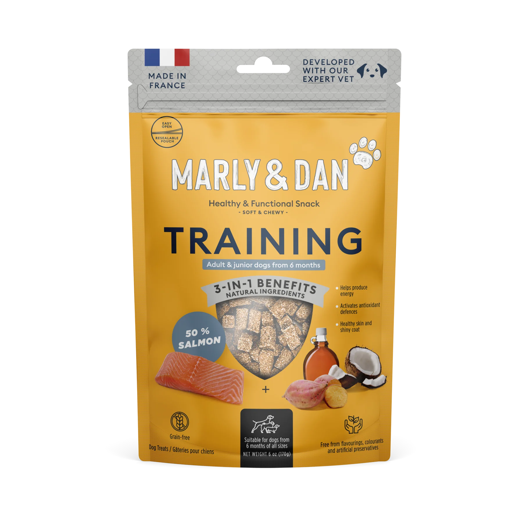 Marly & Dan Soft & Chewy Training pentru Câini, 100 g – Recompense Masticabile cu Somon pentru Antrenament, Energie și Susținerea Imunității