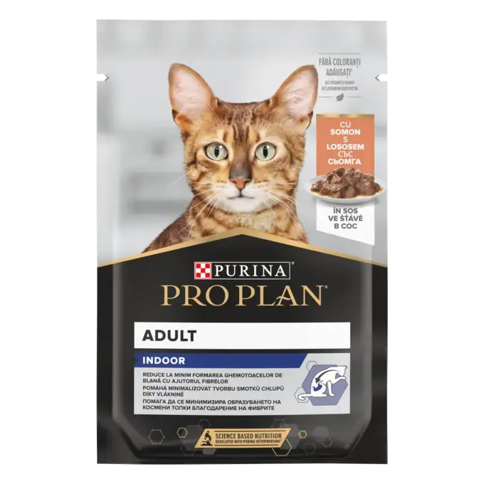 PURINA PRO PLAN Indoor în Sos cu Somon, hrană umedă pentru pisici 85gr