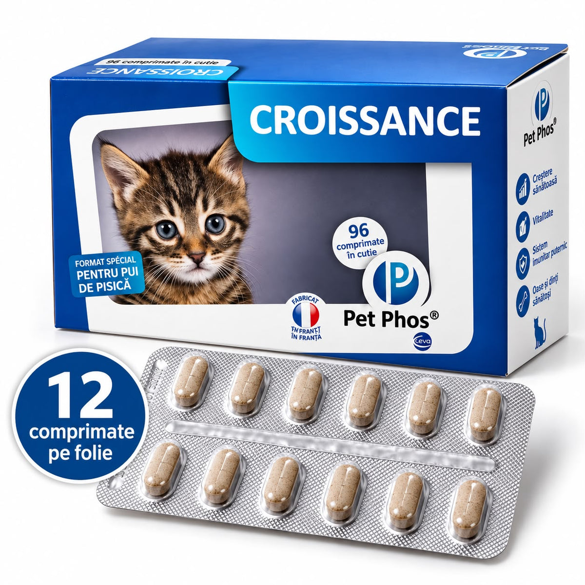 Pet Phos Felin Croissance – Supliment vitamino-mineral pentru pisici, 1 folie x 12 comprimate