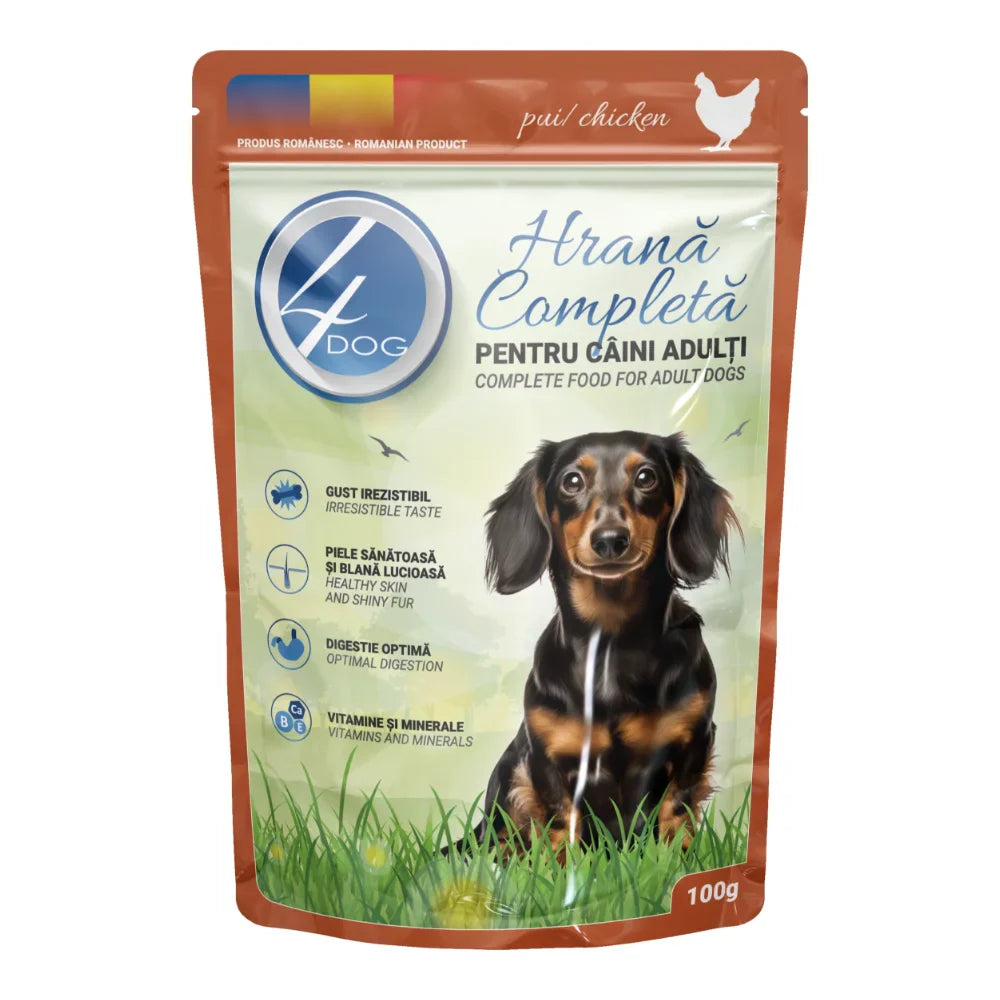 Plic Hrană Umedă Câini Adulți 4DOG, Pui în Sos, 100g
