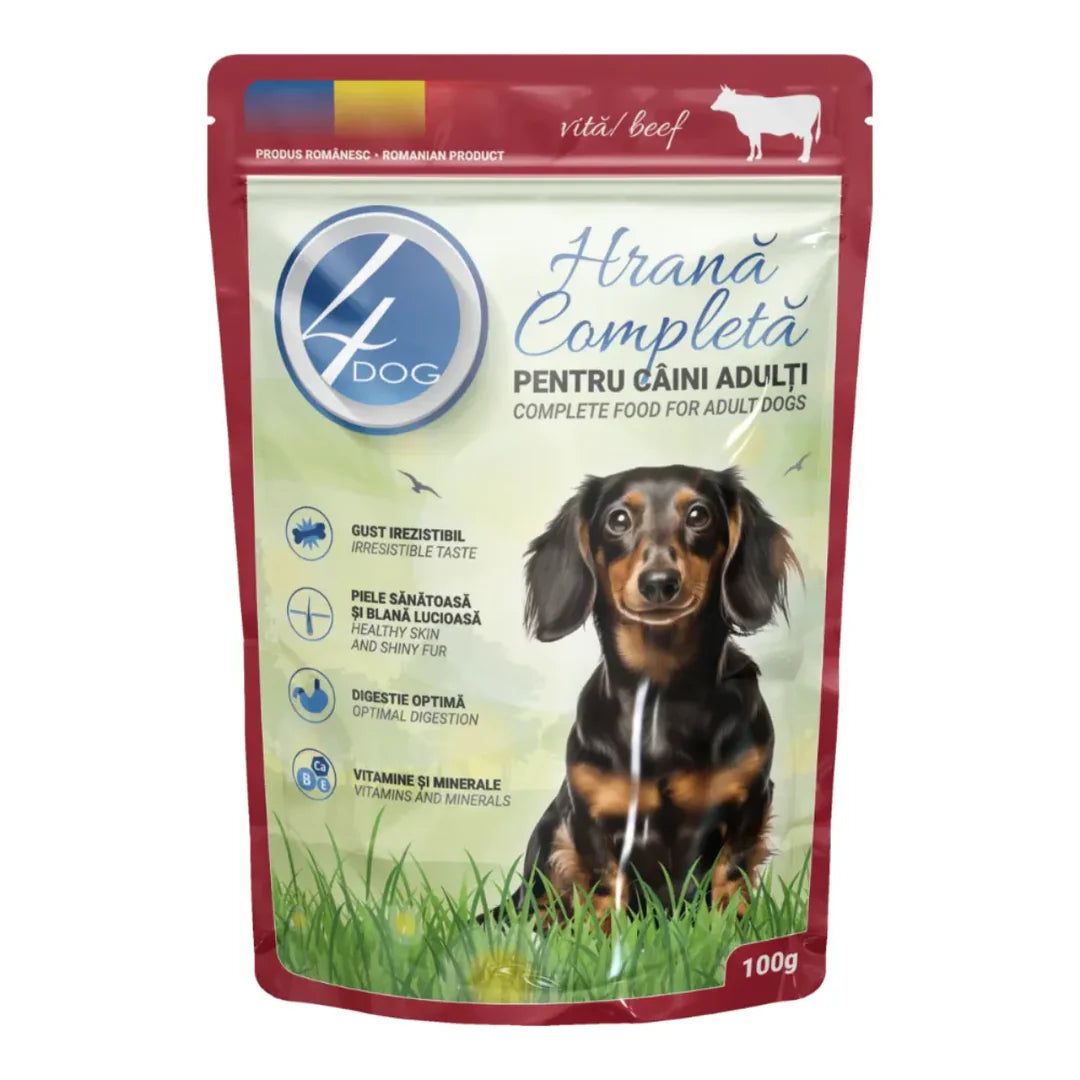 Plic Hrană Umedă Câini Adulți 4DOG, Vită în Sos, 100g