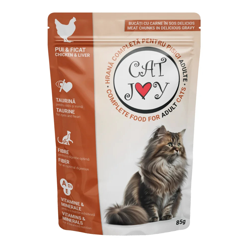 Plic Hrană Umedă Pisici Adulte Cat Joy, Pui și Ficat în Sos, 85g