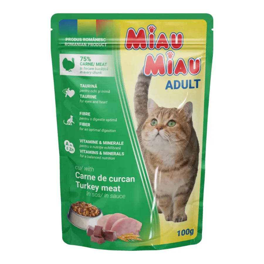 Plic Hrană Umedă Pisici Adulte Miau Miau, Curcan în Sos, 100g