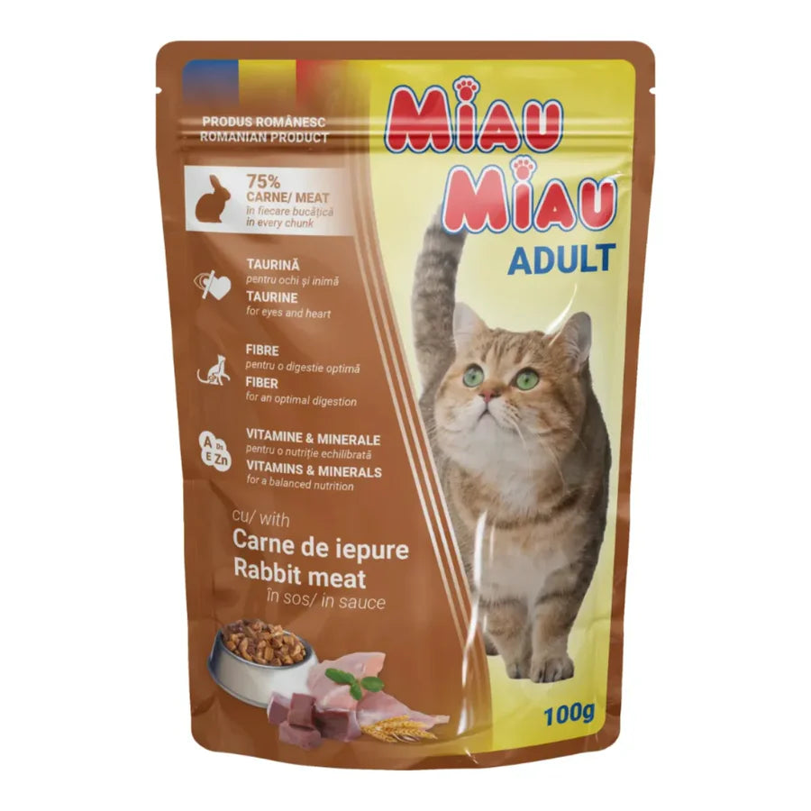 Plic Hrană Umedă Pisici Adulte Miau Miau, Iepure în Sos, 100g