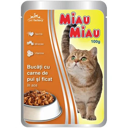 Plic Hrană Umedă Pisici Adulte Miau Miau, Pui și Ficat în Sos, 100g