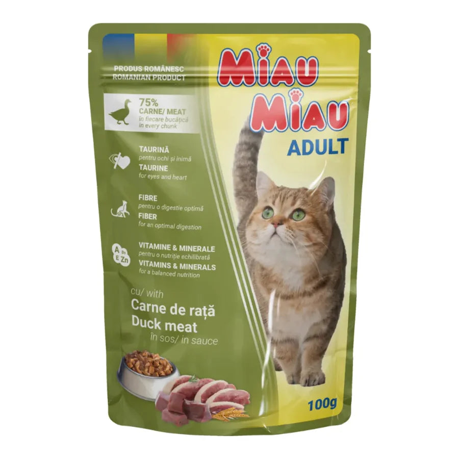 Plic Hrană Umedă Pisici Adulte Miau Miau, Rață în Sos, 100g