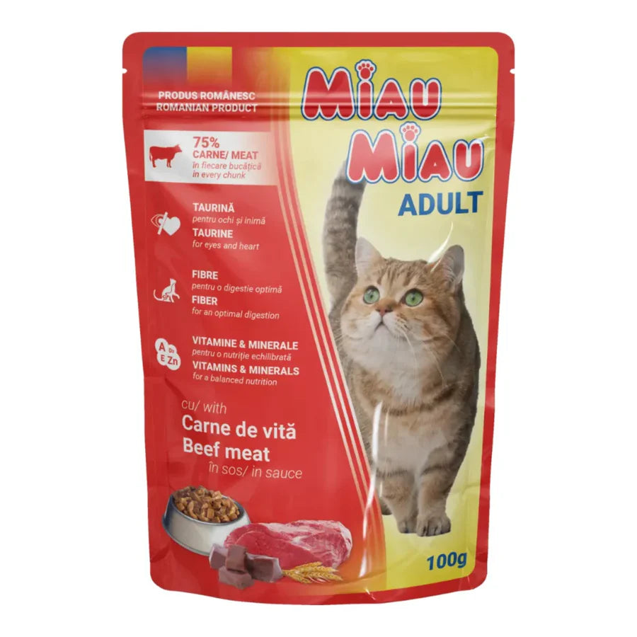 Plic Hrană Umedă Pisici Adulte Miau Miau, Vită în Sos, 100g