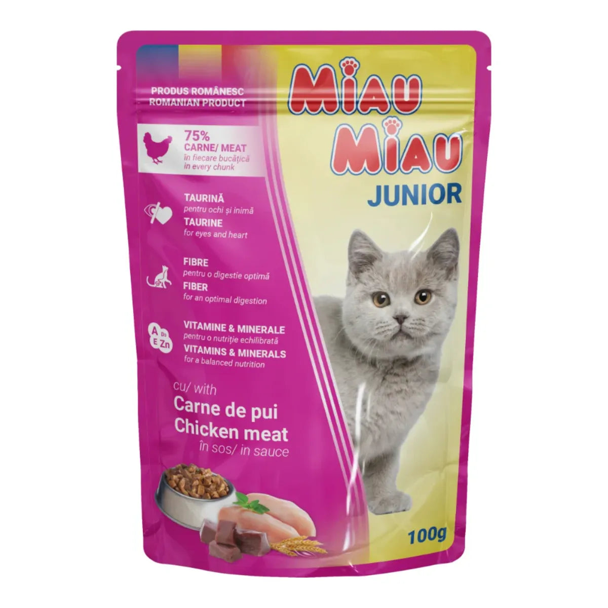 Plic Hrană Umedă Pisici Miau Miau Junior (kitten), Pui în Sos, Plic 100g