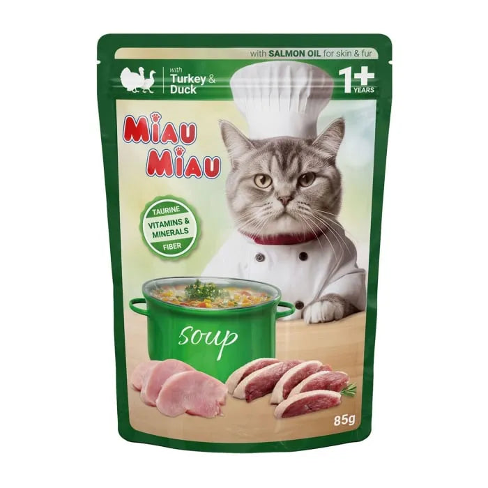 Plic Hrană Umedă Pisici Miau Miau, Supă cu Curcan și Rață, 85g