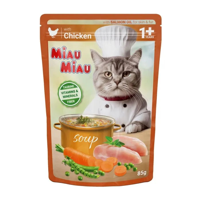 Plic Hrană Umedă Pisici Miau Miau, Supă cu Pui și Legume, 85g