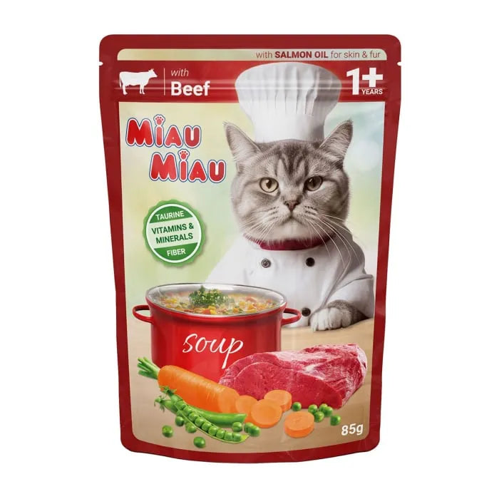 Plic Hrană Umedă Pisici Miau Miau, Supă cu Vită și Legume, 85g