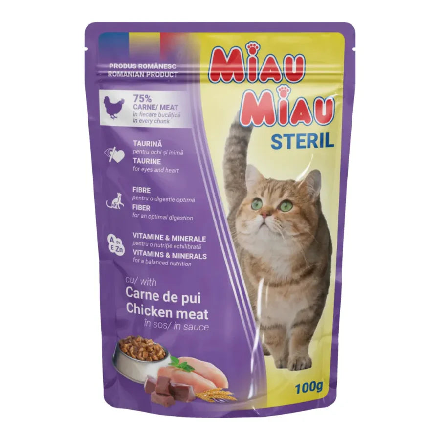 Plic Hrană Umedă Pisici Sterilizate Miau Miau, Pui în Sos, 100g