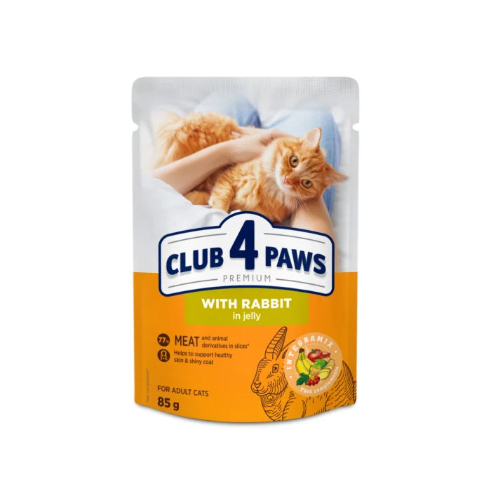 Plic Pisică Adultă cu Iepure în Aspic 85g Club 4 Paws – Hrană Umedă Premium cu Omega 3 și 6