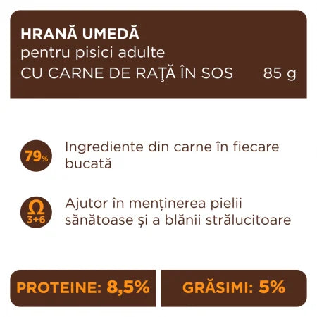 Plic Pisică Adultă cu Rață în Sos 85g Club 4 Paws – Hrană Umedă Premium cu Omega 3 și 6
