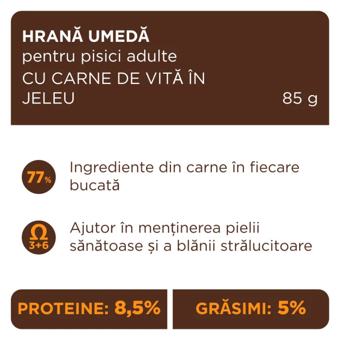 Plic Pisică Adultă cu Vită în Aspic 85g Club 4 Paws – Hrană Umedă Premium cu Omega 3 și 6