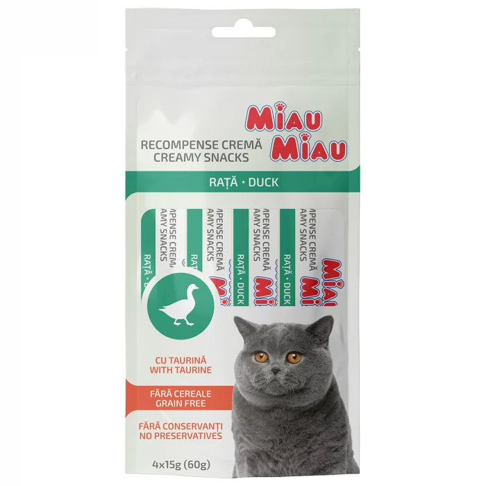 Recompense Cremoase pentru Pisici Adulte MIAU MIAU Creamy Snacks Rață 4x15g – Snack cu Taurină și Prebiotice