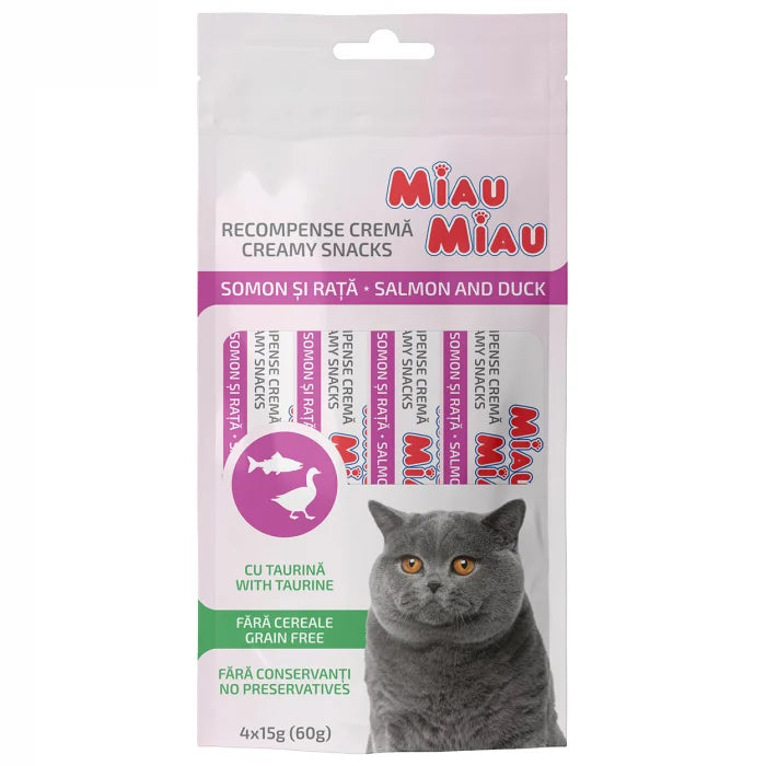 Recompense Cremoase pentru Pisici Adulte MIAU MIAU Creamy Snacks Somon și Rață 4x15g – Snack cu Taurină și Prebiotice