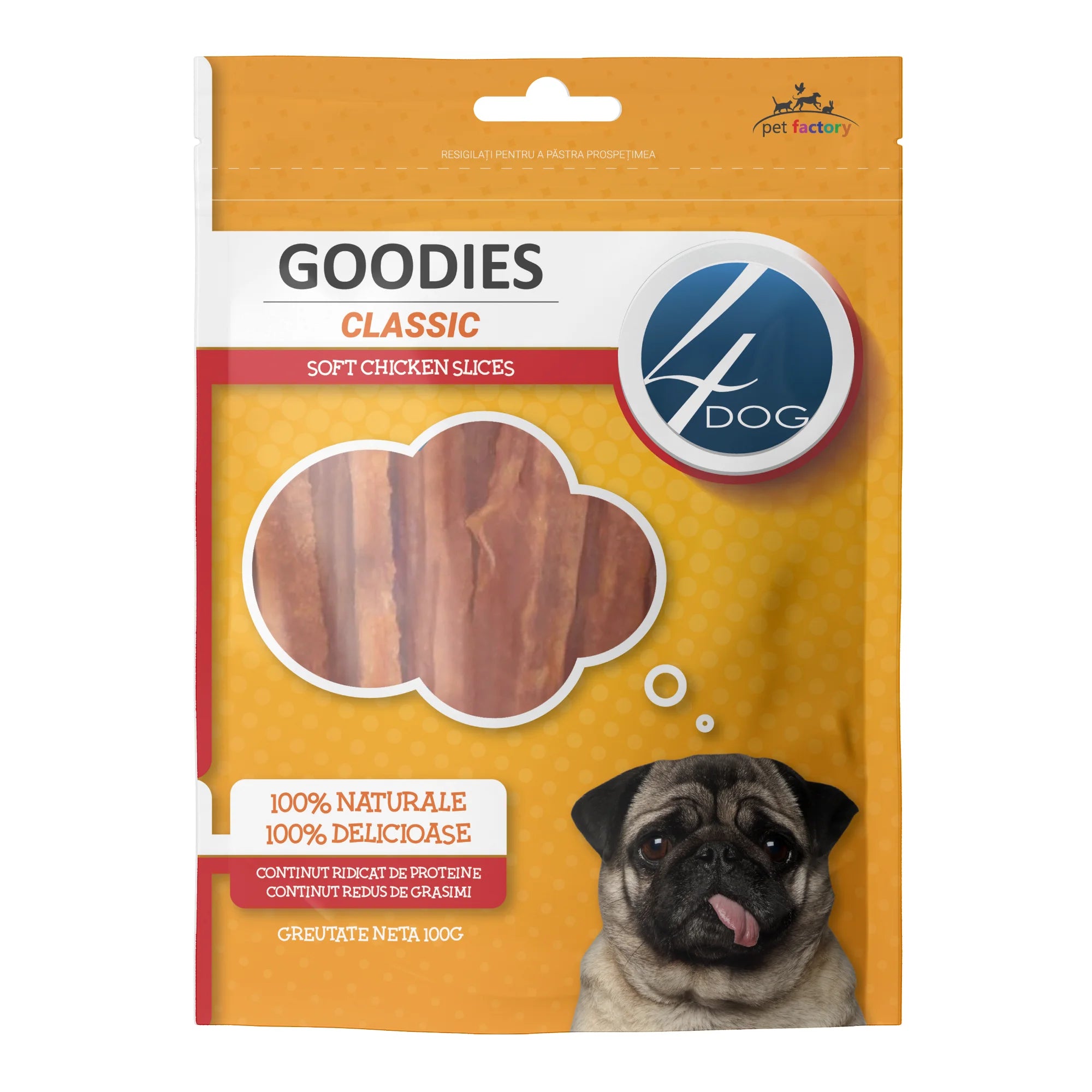 Recompense pentru Câini Adulți 4DOG GOODIES Classic Fâșii Moi de Pui 100g – Snack Natural pentru Dresaj