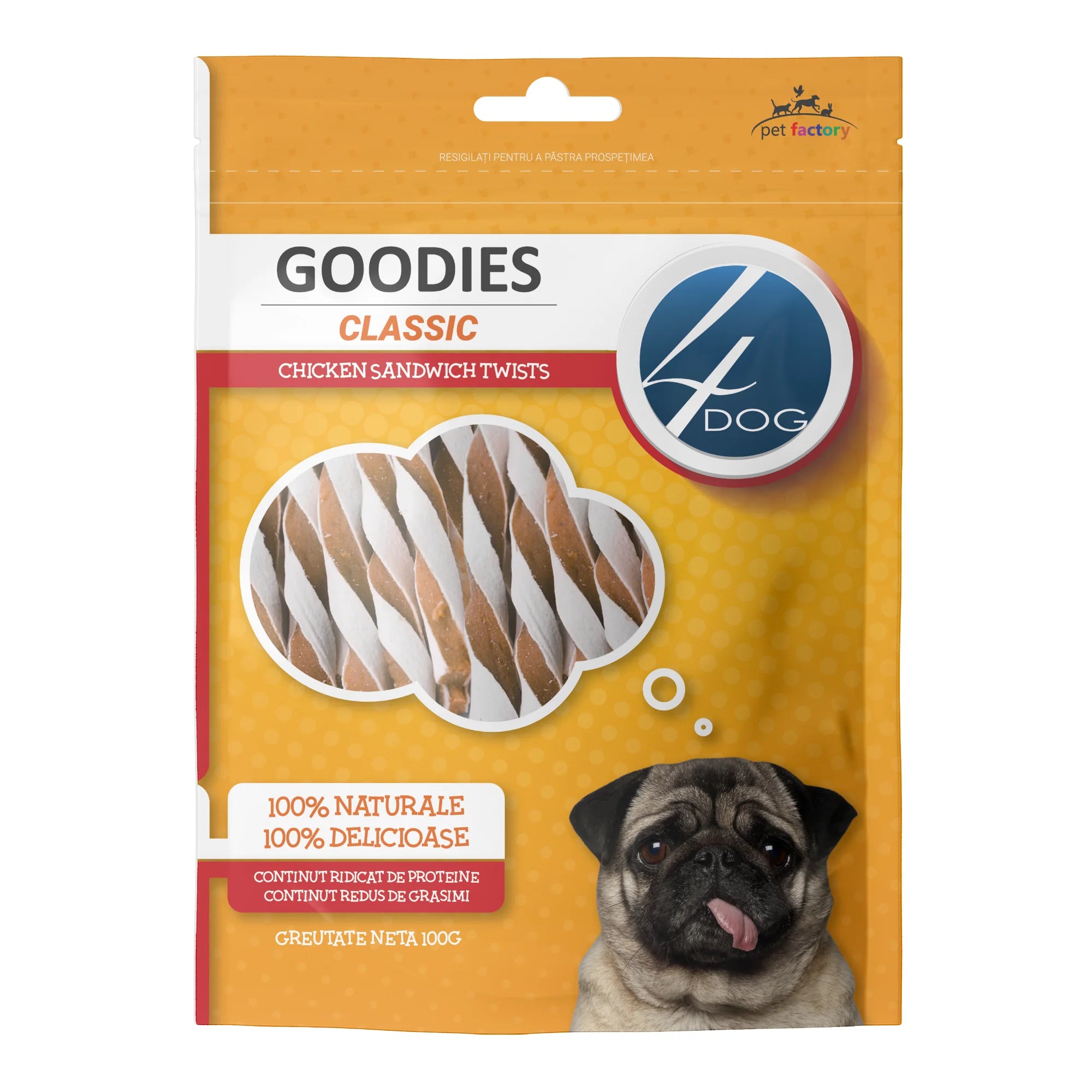 Recompense pentru Câini Adulți 4DOG GOODIES Classic Twists cu Pui 100g – Snack Natural pentru Dresaj