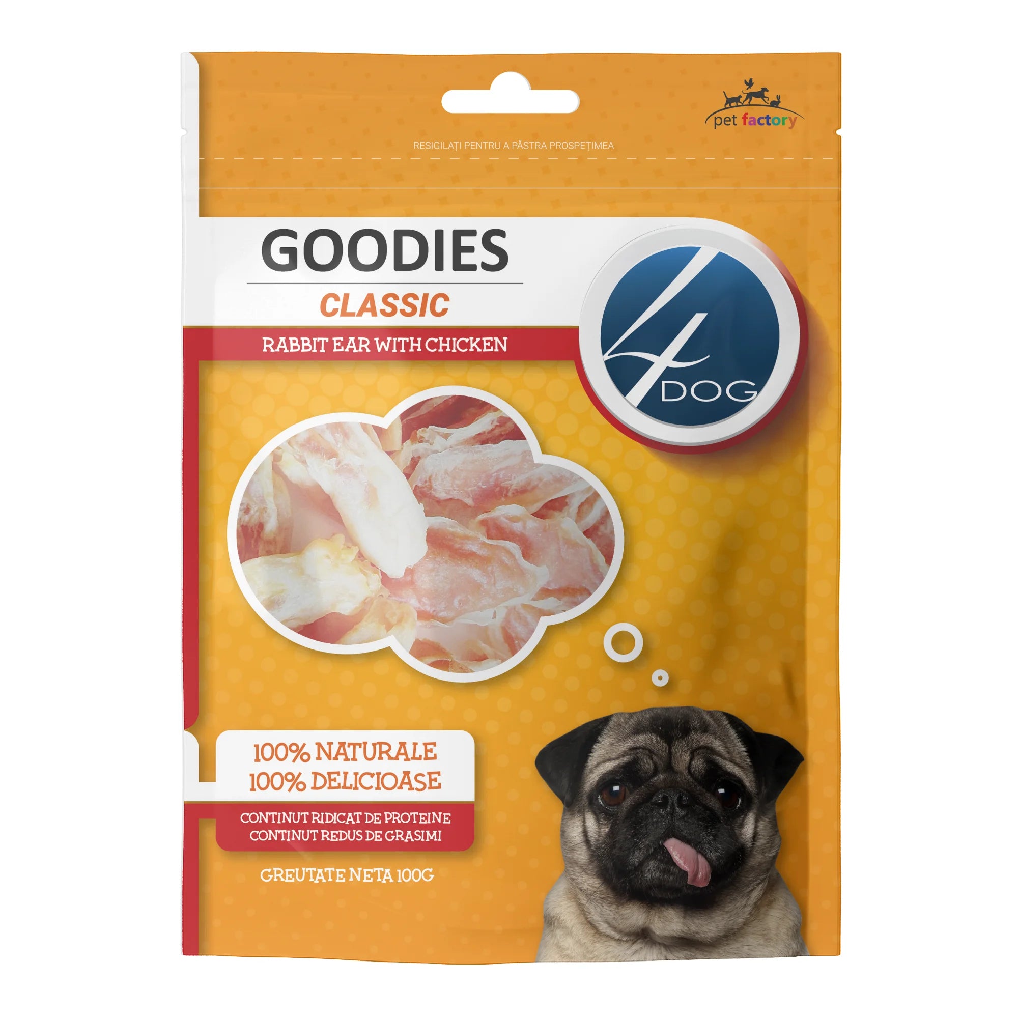 Recompense pentru Câini Adulți 4DOG GOODIES Classic Urechi de Iepure cu Pui 100g – Snack Natural pentru Dresaj