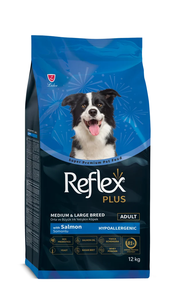 Reflex Plus Adult Somon Hypoallergenic 12 kg – Hrana uscata pentru caini - Formula hipoalergenica pentru caini adulti activi