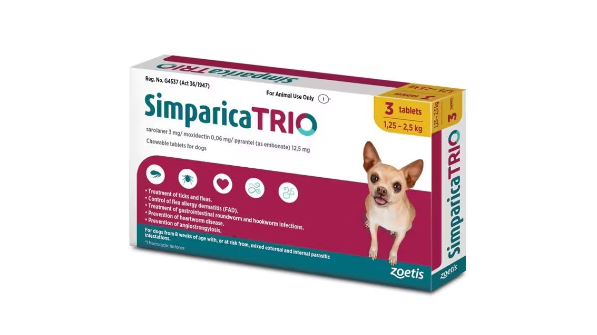 Simparica Trio Caini (1.25 - 2.5 kg), 3 comprimate masticabile