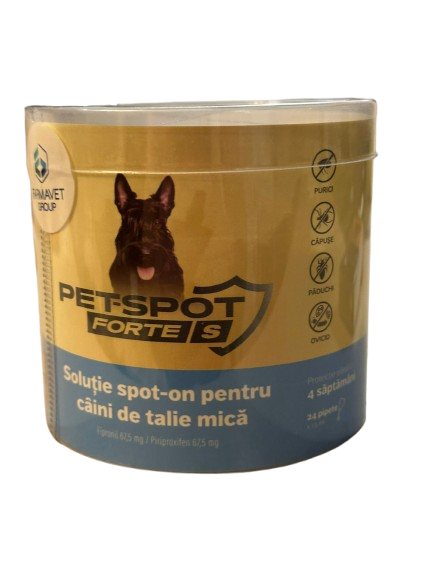 Pet Spot Forte Câini S (2–10 kg) – Pipetă Antiparazitară cu Fipronil și Pyriproxyfen | Protecție Purici, Căpușe și Păduchi