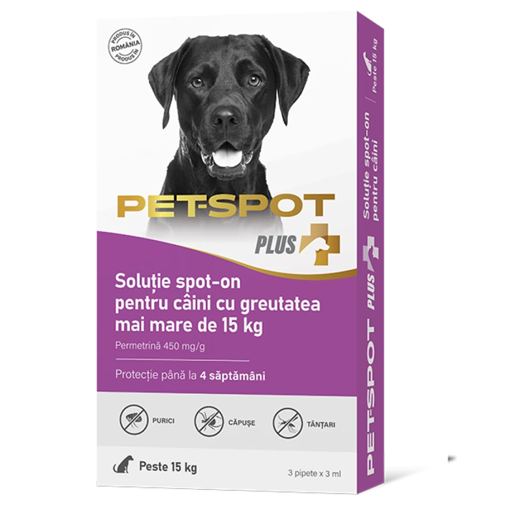 3 Pipete Pet Spot Plus Câine Talie Mare (>15 kg) – Antiparazitar cu Permetrină | Protecție Purici, Căpușe și Țânțari