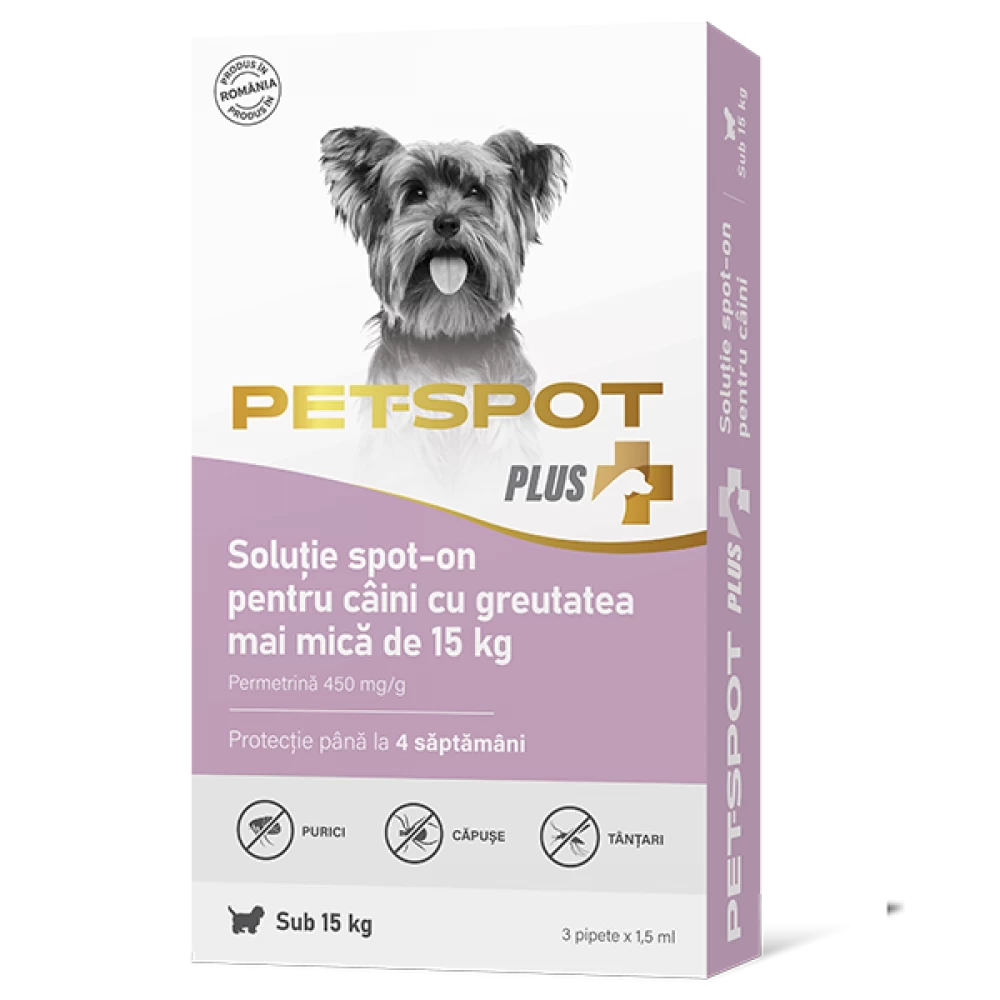 3 Pipete Pet Spot Plus Câine Talie Mică (<15 kg) – Antiparazitar cu Permetrină | Protecție Purici, Căpușe și Țânțari